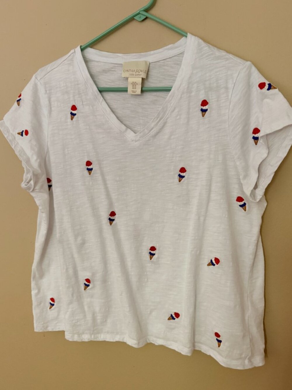 Cynthia Rowley Embroidered Red, White & Blue Ice Cream T-Shirt – Size XL 🍦🇺🇸